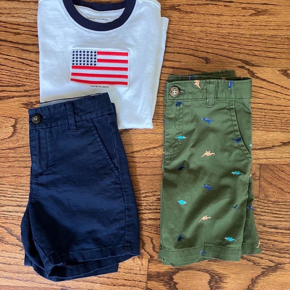 Janie and Jack Boys USA Shirt, Navy Shorts, Carter’s Dino Shorts (Size 4)